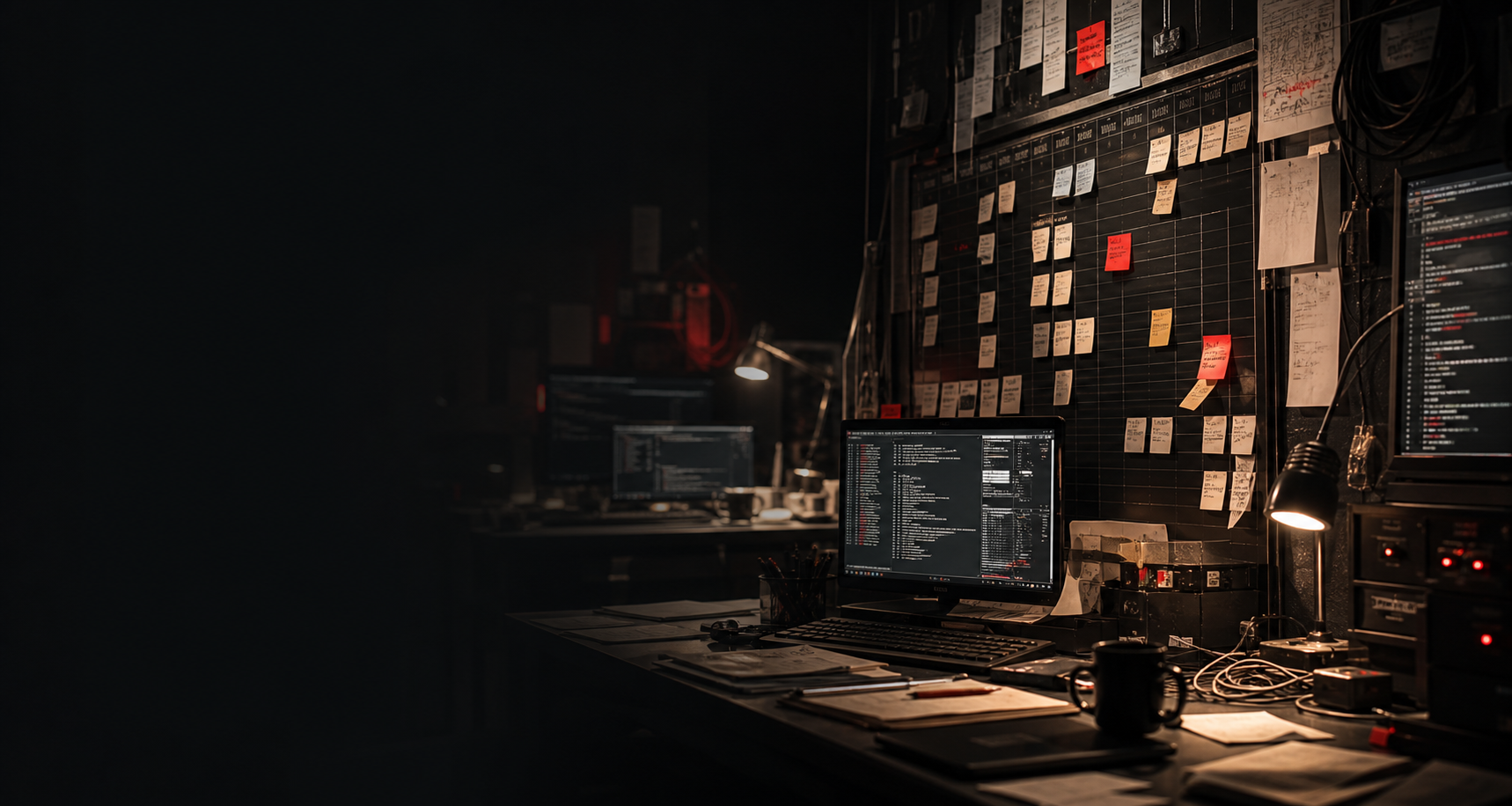 Dark engineering workspace with task notes, monitors, and a busy technical environment